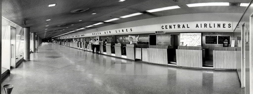 This photo of the Delta Air Lines ticket desk at Dallas Love Field was taken in September 1962. So Delta&apos;s been at Love for a long time.
