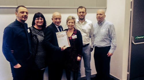 Semmco Team accepting the EEF Outstanding Export Award: from left to right, Ludovic Betremieux, Senior Design Engineer; Jenny Gore, Accounts; Stuart McOnie, General Manager; Diane Hall, Buyer Planner; Tomasz Rutkowski, Team Leader, Peter Heighes, Intern.
