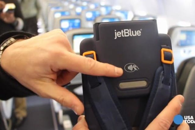 Passengers with an iPhone 6 or 6 Plus can purchase food and onboard amenities without fishing out their credit cards starting on transcontinental flights between New York&rsquo;s JFK and San Francisco and Los Angeles airports.