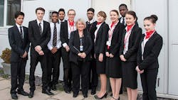 Pat Wainman, Airport Manager for Swissport at Leeds Bradford Airport with Craven College students at The Aviation Academy.