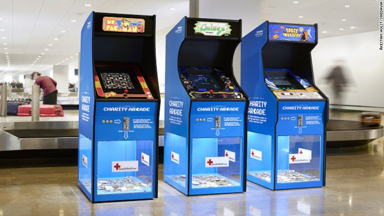 Video game classics like 'Ms. Pac-Man,' 'Space Invaders' can be played with any currency, whether it's yen, euro or pounds, and all the money is donated to the Swedish Red Cross.