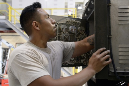 Staff Sgt. Jaime, aerospace ground equipment, performs a phase 2 inspection on an A/M32A-103 Generator at an undisclosed location in Southwest Asia March 4, 2015. A
