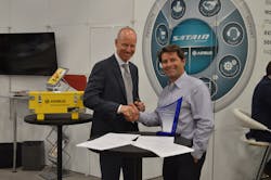 MRO Americas: Frederic Dezauizier, Head of Supply Chain of Satair Group, representing the Airbus brand (to the right) shook hands after the signing of the contract with Hydro&apos;s Peter Prinz, Managing Director of Hydro (to the left).