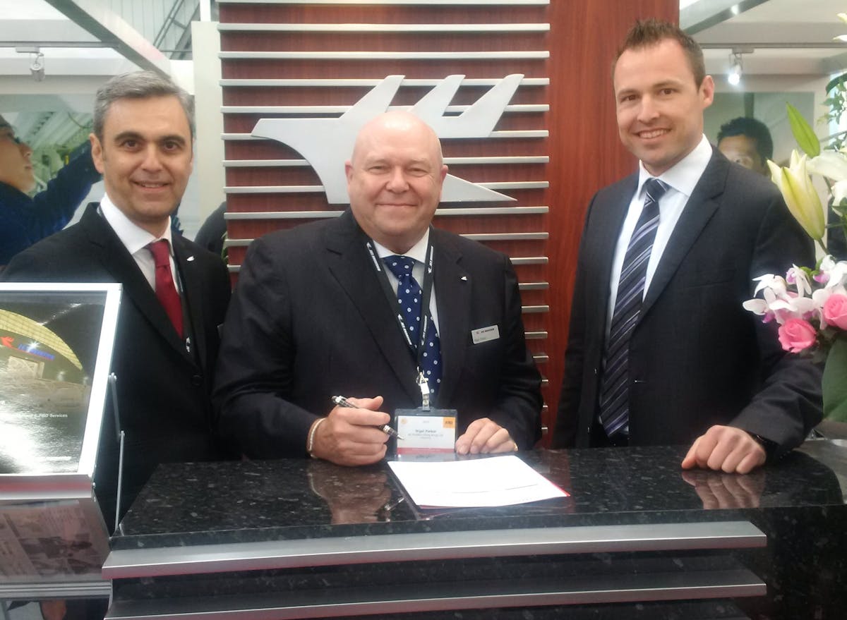 Pictured L to R: Sergio Oliveira e Silva (Engineering Manager of Jet Aviation Hong Kong), Nigel Parker (Managing Director of Jet Aviation Hong Kong), Jesse Long (Executive Vice President of LEKTRO, Inc.).