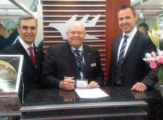 Pictured L to R: Sergio Oliveira e Silva (Engineering Manager of Jet Aviation Hong Kong), Nigel Parker (Managing Director of Jet Aviation Hong Kong), Jesse Long (Executive Vice President of LEKTRO, Inc.).