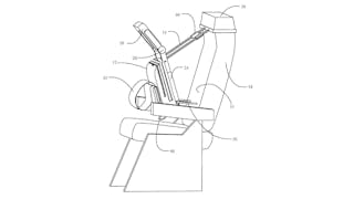 According to the patent: &apos;An upright sleep support system incorporates a head cushion having a face relief aperture to receive the eyes, nose, mouth and chin of a passenger placing his or her face against the head cushion with a hinged support structure for angular adjustment, sleeves that open in front to support the passengers arms, and a chest cushion on the back of the device. &apos;