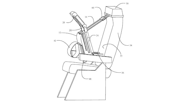 According to the patent: &apos;An upright sleep support system incorporates a head cushion having a face relief aperture to receive the eyes, nose, mouth and chin of a passenger placing his or her face against the head cushion with a hinged support structure for angular adjustment, sleeves that open in front to support the passengers arms, and a chest cushion on the back of the device. &apos;
