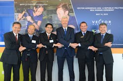 (From Left to Right – Dr Wang Jianguo, Director School of Engineering, Republic Polytechnic, Mr Seto Lok Yin, Deputy Principal (Industry Services) Republic Polytechnic, Mr Yeo Li Pheow, Principal & CEO of Republic Polytechnic, Mr Declan O’Shea, President and CEO, Vector Aerospace Corporation, Mr Jeff Poirier, President of Engine Services – Atlantic, Vector Aerospace Corporation and Mr Philip Ang, General Manager of Vector Aerospace Asia. (From Left to Right – Dr Wang Jianguo, Director School of Engineering, Republic Polytechnic, Mr Seto Lok Yin, Deputy Principal (Industry Services) Republic Polytechnic, Mr Yeo Li Pheow, Principal & CEO of Republic Polytechnic, Mr Declan O’Shea, President and CEO, Vector Aerospace Corporation, Mr Jeff Poirier, President of Engine Services – Atlantic, Vector Aerospace Corporation and Mr Philip Ang, General Manager of Vector Aerospace Asia.