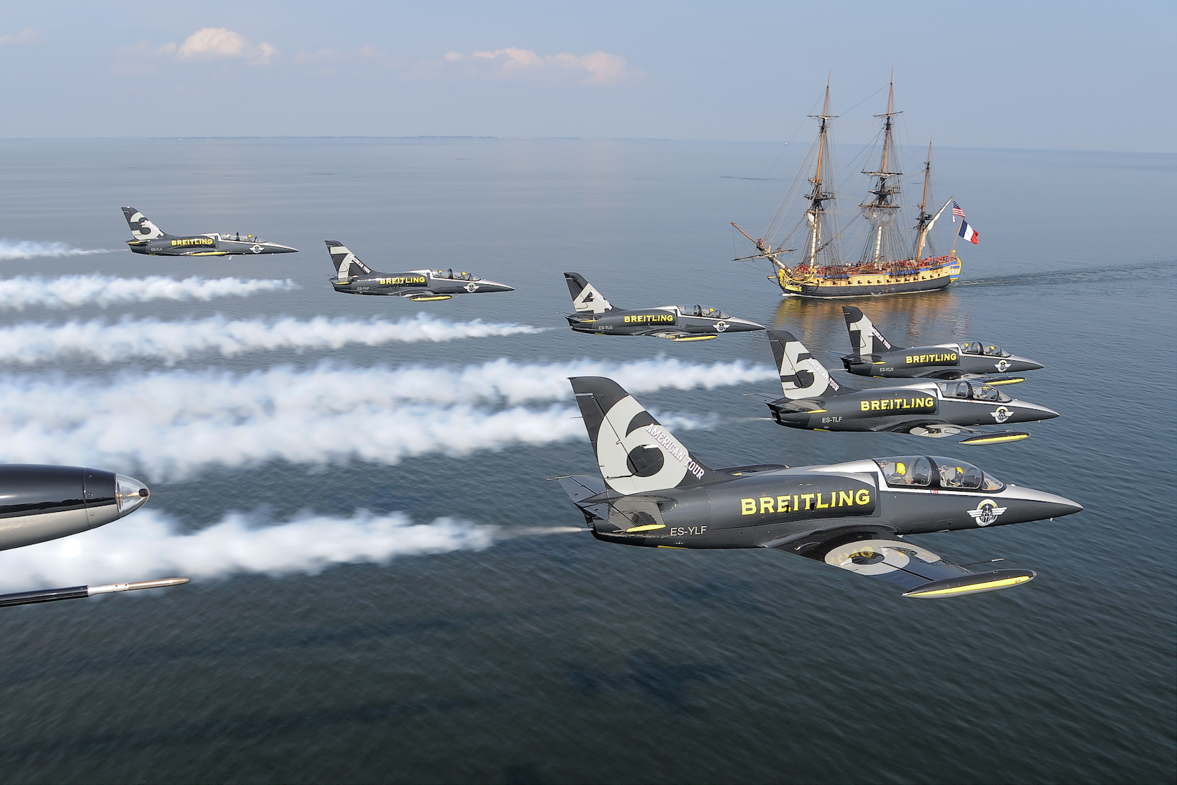 Breitling Jet Team Flies Over Replica of Famed French Ship Hermione