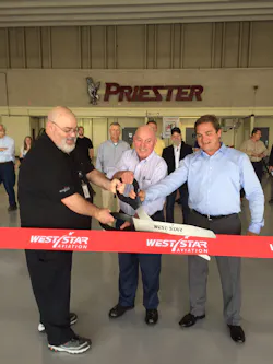 From L to R: Thomas Hilboldt (black shirt), Satellite Manager KPWK, West Star Aviation; Charlie Priester, Chairman of Priester Aviation; and Eric Kujawa, General Manger ALN, West Star Aviation performing the ribbon cutting at the West Star’s newest satellite location in Chicago, IL. From L to R: Thomas Hilboldt (black shirt), Satellite Manager KPWK, West Star Aviation; Charlie Priester, Chairman of Priester Aviation; and Eric Kujawa, General Manger ALN, West Star Aviation performing the ribbon cutting at the West Star’s newest satellite location in Chicago, IL.