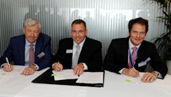 Pro Line Fusion cockpit upgrade agreement signing. Right: Matthieu Louvot, senior vice president, Customer Services, Airbus Helicopters, Center: Troy Brunk, vice president and general manager, Airborne Solutions, Rockwell Collins Left: Declan O'Shea, president and CEO, Vector Aerospace Corporation. Pro Line Fusion cockpit upgrade agreement signing. Right: Matthieu Louvot, senior vice president, Customer Services, Airbus Helicopters, Center: Troy Brunk, vice president and general manager, Airborne Solutions, Rockwell Collins Left: Declan O'Shea, president and CEO, Vector Aerospace Corporation.