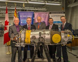 (From Left to Right) Arnold Croken, General Manager of the Summerside Regional Development Corporation; Gerald Keddy, Parliamentary Secretary to the Minister of Agriculture, to the Minister of National Revenue and for the Atlantic Canada Opportunities Agency; The Honourable Wade MacLauchlan, Premier of Prince Edward Island; Jeff Poirier, President of Vector Aerospace Engine Services - Atlantic; and Shawn McCarvill, President of Slemon Park Corporation