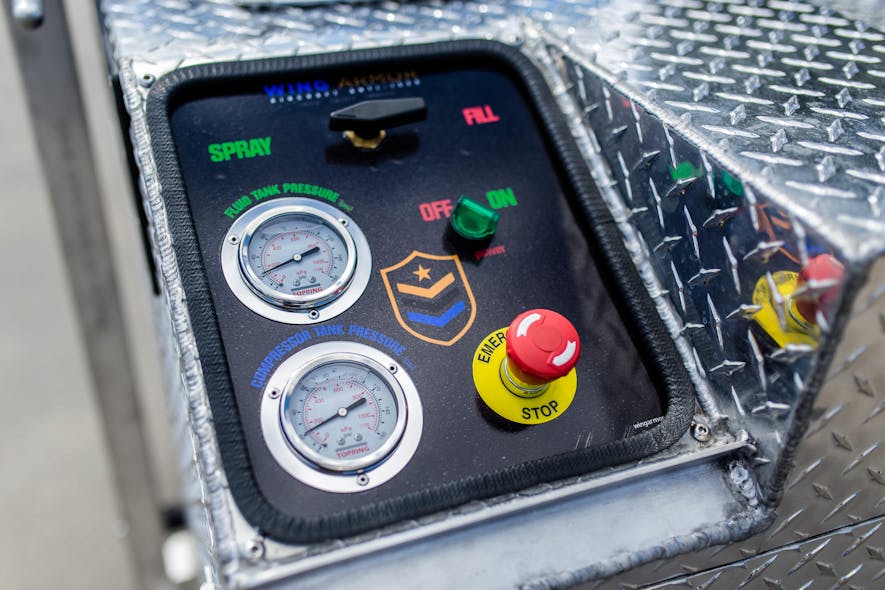 The Wing Armor anti-icing system&apos;s control panel is intuitive. There&apos;s an off/on button and emergency stop button and meters to track spray in the fluid tank and the compressor tank.
