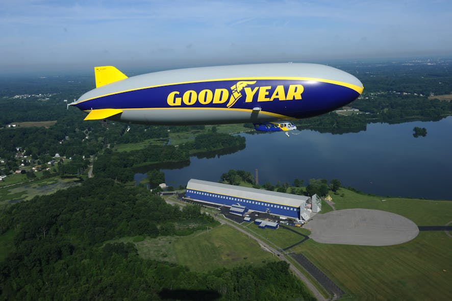 Goodyear&apos;s new &apos;Wingfoot One&apos; airship flying over its home hanger at Wingfoot Lake, Ohio.