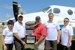 Pictured, from left, are: P&WC executives Maria Della Posta, Senior Vice President; Denis Parisien, Vice President, General Aviation Programs; John Saabas, President, and Nick Kanellias, General Manager, Sales & Marketing, congratulate Blackhawk President and CEO Jim Allmon on 16 years of success. Pictured, from left, are: P&WC executives Maria Della Posta, Senior Vice President; Denis Parisien, Vice President, General Aviation Programs; John Saabas, President, and Nick Kanellias, General Manager, Sales & Marketing, congratulate Blackhawk President and CEO Jim Allmon on 16 years of success.