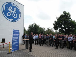 Radiography General Manager, Juan Mario Gomez, speaking at the opening of the second GE production plant in Wunstorf.