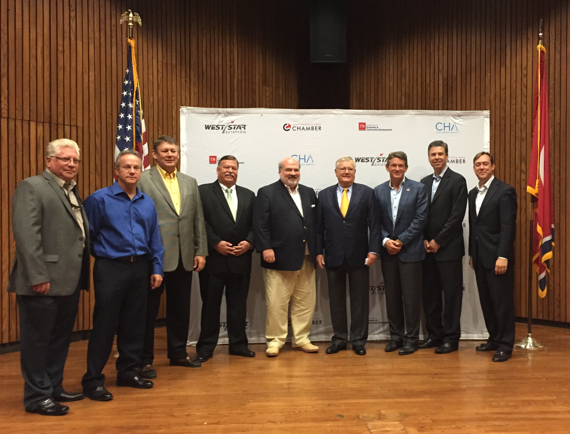 From left to right: Kurt Sutterer, West Star Aviation board member; Rodger Renaud, COO, West Star Aviation; Jim Swehla, co-founder/executive VP Sales & Marketing, West Star Aviation; Allen Jones, CEO, Jones Management Services; Jim Coppinger, Hamilton County Mayor; Robert Rasberry, president & CEO, West Star Aviation; Randy Boyd, Economic Development Commissioner; Andy Berke, Mayor of Chattanooga; and Charles Wood, VP Economic Development &ndash; Chattanooga Chamber of Commerce.