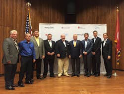 From left to right: Kurt Sutterer, West Star Aviation board member; Rodger Renaud, COO, West Star Aviation; Jim Swehla, co-founder/executive VP Sales & Marketing, West Star Aviation; Allen Jones, CEO, Jones Management Services; Jim Coppinger, Hamilton County Mayor; Robert Rasberry, president & CEO, West Star Aviation; Randy Boyd, Economic Development Commissioner; Andy Berke, Mayor of Chattanooga; and Charles Wood, VP Economic Development – Chattanooga Chamber of Commerce. From left to right: Kurt Sutterer, West Star Aviation board member; Rodger Renaud, COO, West Star Aviation; Jim Swehla, co-founder/executive VP Sales & Marketing, West Star Aviation; Allen Jones, CEO, Jones Management Services; Jim Coppinger, Hamilton County Mayor; Robert Rasberry, president & CEO, West Star Aviation; Randy Boyd, Economic Development Commissioner; Andy Berke, Mayor of Chattanooga; and Charles Wood, VP Economic Development – Chattanooga Chamber of Commerce.