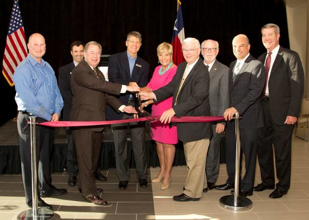 From Left to Right: State Representative Tony Tinderholt, General Manager of Global Customer Training Ray Lamas, Tarrant County Judge Glen Whitley, Bell Helicopter President and CEO John Garrison, Fort Worth Mayor Betsy Price, U.S. Congressman Joe Barton, Tarrant County Commissioner Gary Fickes, State Representative Chris Turner, Fort Worth Chamber of Commerce President and CEO Bill Thornton