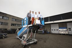 The four award-winning Undagrid founders, pictured from left-to-right: Christiaan Willemsen, Marcus Breekweg, Lennart Schroer and Rolf van de Velde. Michel van Hal, general manager of SPS Group, is pictured seated. SPS International worked with Undagrid in developing GSETrack. The four award-winning Undagrid founders, pictured from left-to-right: Christiaan Willemsen, Marcus Breekweg, Lennart Schroer and Rolf van de Velde. Michel van Hal, general manager of SPS Group, is pictured seated. SPS International worked with Undagrid in developing GSETrack.