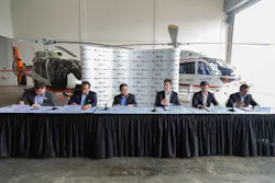 Leading industry players sign the Letter of Intent for Rotorcraft Asia 2017, the premier dedicated event for the global civil helicopter industry. (From left to right: Mr Loh Ngee Sing, Honeywell Aerospace; Mr Sameer A. Rehman, Bell Helicopter Asia (Pte) Ltd; Mr Leck Chet Lam, Experia Events Pte Ltd; Mr Lionel Sinai-Sinelnikoff, Airbus Helicopters Southeast Asia Pte Ltd; Mr Matthieu Pere, SAFRAN Turbomeca Asia Pacific and Mr Raghunath Reddy, StandardAero)