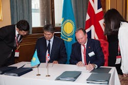 Asset Issekeshev (left), Minister of Investments and Development of the Republic of Kazakhstan and Mark Swan (right), Group Director of Safety & Airspace Regulation of the UK Civil Aviation Authority (UK CAA) signing a MoU. Asset Issekeshev (left), Minister of Investments and Development of the Republic of Kazakhstan and Mark Swan (right), Group Director of Safety & Airspace Regulation of the UK Civil Aviation Authority (UK CAA) signing a MoU.