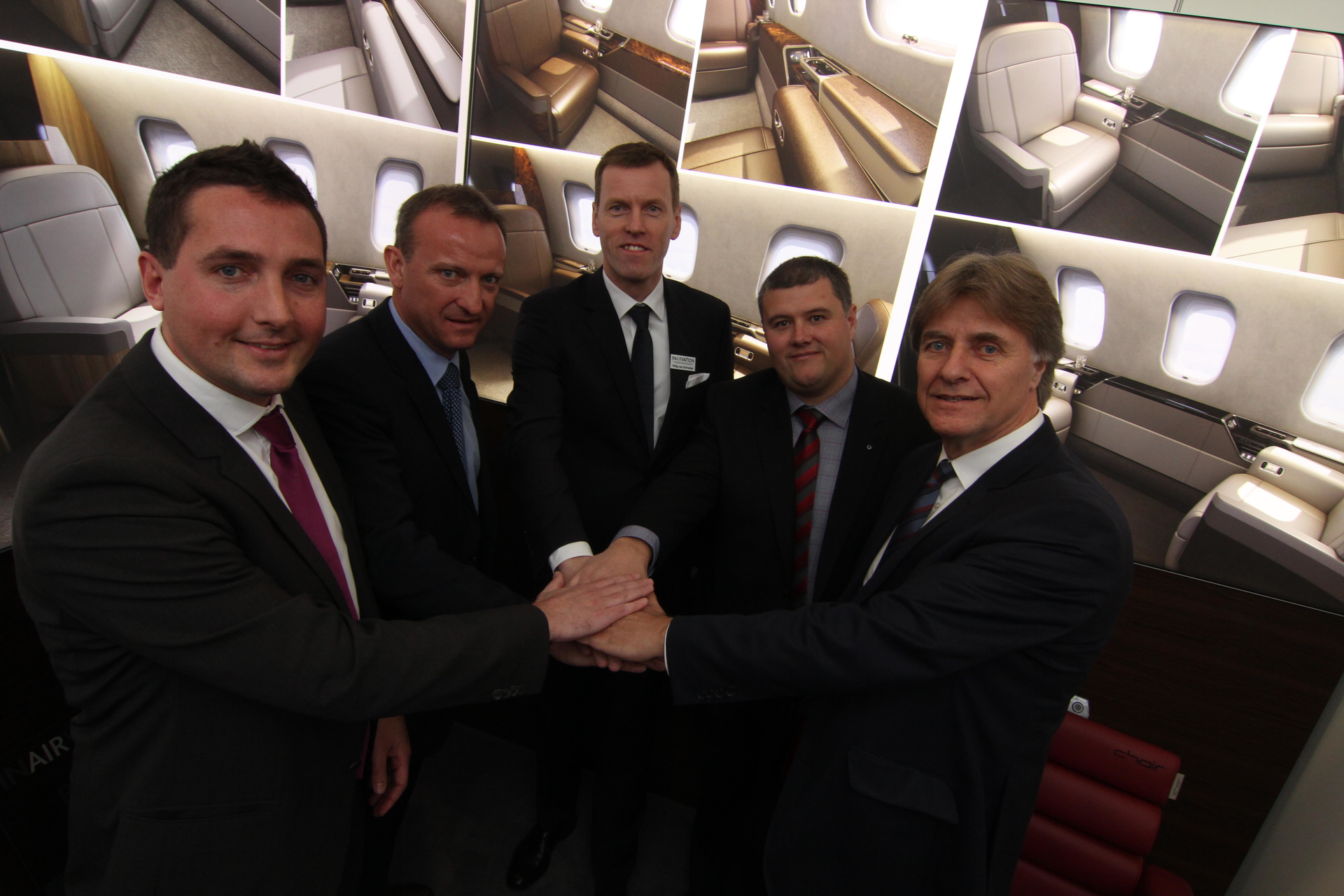 (LEFT TO RIGHT) Robin Freigang, RUAG Cabin Interior Services, Business Jets; Werner Kartner INAIRVATION CEO; Dr. Philip von Schroeter, Lufthansa Technik AG Director OEM Business Units; Sean Gillespie, Flying Colours Corp Executive Vice President Sales & Marketing; Christoph Meyerrose, Lufthansa Bombardier Aviation Services Managing Director CEO