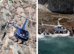 The R-44 is piston powered. The R-66 is turbine powered. But you wouldn't know that just by looking at them - that knowledge requires experience and training. The R-44 is piston powered. The R-66 is turbine powered. But you wouldn't know that just by looking at them - that knowledge requires experience and training.