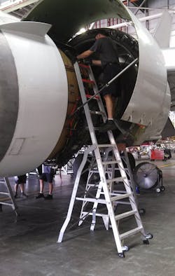 Ergonomic safety ladders allow close working access under the cowling while rubber padding protects sensitive electronics. Ergonomic safety ladders allow close working access under the cowling while rubber padding protects sensitive electronics.