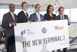 From left to right, Nolan Rollins – Board of Airport Commissioners and President/CEO of Los Angeles Urban League, Parker Gundersen – VP of DFS North America, Mayor Eric Garcetti, Deborah Flint – Executive Director of Los Angeles World Airports and Peter Lowy – Co CEO of Westfield