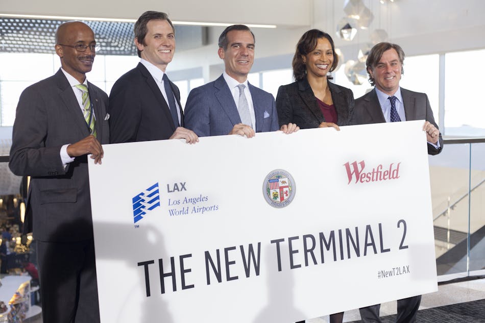 From left to right, Nolan Rollins &ndash; Board of Airport Commissioners and President/CEO of Los Angeles Urban League, Parker Gundersen &ndash; VP of DFS North America, Mayor Eric Garcetti, Deborah Flint &ndash; Executive Director of Los Angeles World Airports and Peter Lowy &ndash; Co CEO of Westfield