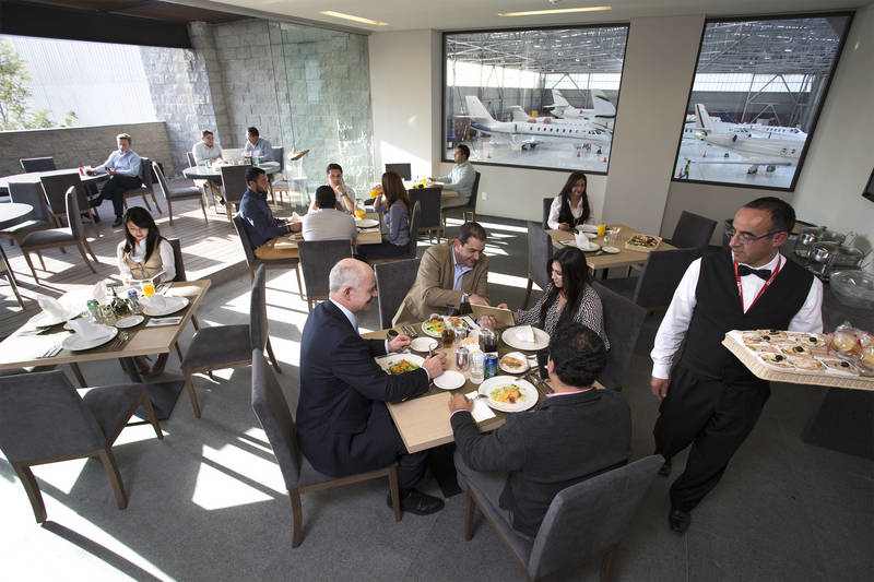 The FBO features an executive dinning lounge with a morning buffet served from 7-11 a.m. and food available the rest of the day a la carte with an open terrace for smokers; short term crew lounge with two work stations.