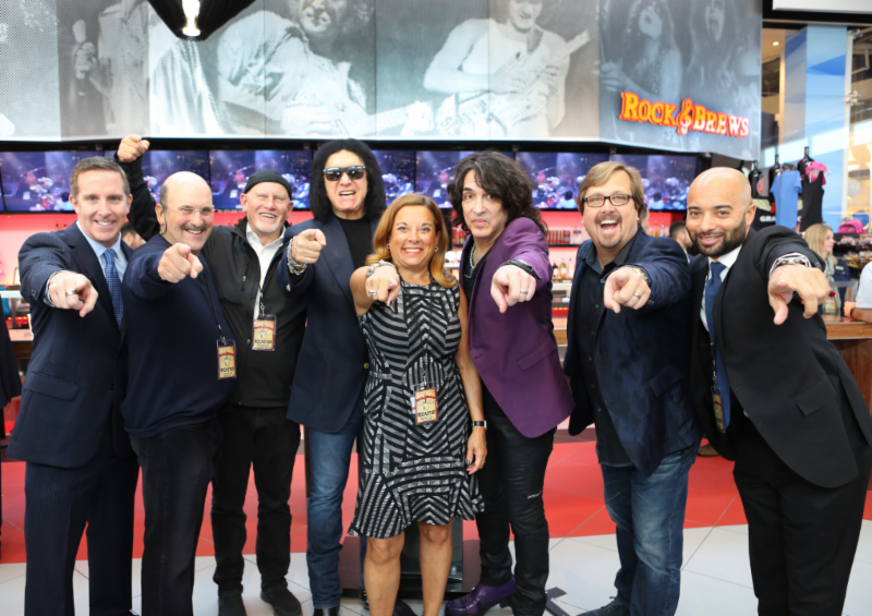 KISS front men Gene Simmons and Paul Stanley joined Westfield and Crews in celebrating the opening of Rock & Brews on Tuesday at LAX Terminal 1. Pictured, from left: Keith Kaplan, Westfield; Dell Furano, Rock & Brews; Dave Furano, Rock & Brews; Gene Simmons, KISS: Deborah Crews, Crews; Paul Stanley, KISS; Michael Zislis, Rock & Brews; Nick Buford, Crews.