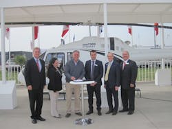 Pictured Left to Right: Bell Helicopter&rsquo;s Independent Representative (IR) in Chile, Roberto Sieveking, commercial manager, Eagle Copter; Patricia Flores, Bell Helicopter&rsquo;s sales representative, Latin America; Mr. Eduardo Bianchi; Patrick Moulay; Nicholas Peffer, regional sales manager, Mexico and Chile; Martin Busquets, IR in Chile, Eagle Copter.