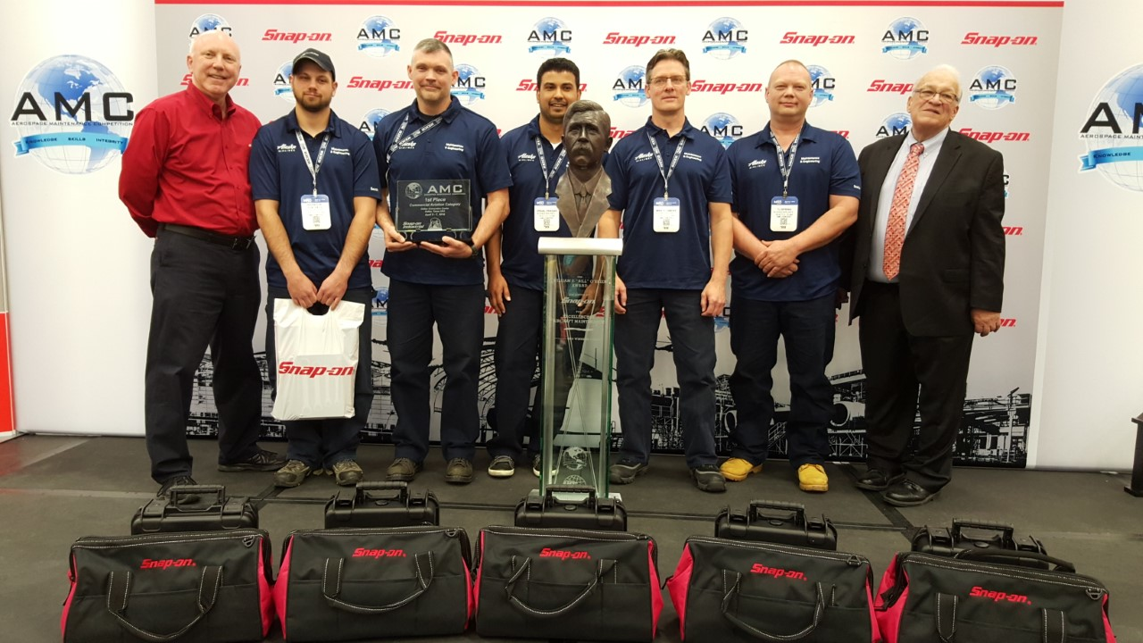 Alaska Airlines won the Bill O'Brien Award for Excellence in Aircraft Maintenance for 2016. L-R: Tom Murray, director, marketing and business development, Snap-on Industrial; Brandon Statfield, Alaska Airlines; Marvin Hitt, Alaska Airlines; Vishal Prasad, Alaska Airlines; Mike Flowers, Alaska Airlines; TJ Spring, Alaska Airlines; and John Goglia, president, Aerospace Maintenance Council.