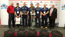 Alaska Airlines won the Bill O'Brien Award for Excellence in Aircraft Maintenance for 2016. L-R: Tom Murray, director, marketing and business development, Snap-on Industrial; Brandon Statfield, Alaska Airlines; Marvin Hitt, Alaska Airlines; Vishal Prasad, Alaska Airlines; Mike Flowers, Alaska Airlines; TJ Spring, Alaska Airlines; and John Goglia, president, Aerospace Maintenance Council.