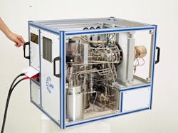 UAV Turbines Inc's Engine-In-A-Box test and demonstration platform. The EIB includes an operating 10-hp engine, filters, a 3-kW generator, control system, display, and gas tank in an enclosed unit, roughly the size of a mini-refrigerator. UAV Turbines Inc's Engine-In-A-Box test and demonstration platform. The EIB includes an operating 10-hp engine, filters, a 3-kW generator, control system, display, and gas tank in an enclosed unit, roughly the size of a mini-refrigerator.