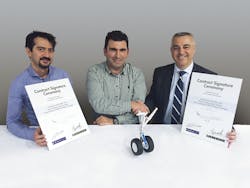 From left to right: Ali Zengin, Engineering Manager, Olcay &Ouml;zbay, Technical Director, both of Borajet Airlines, and Thierry Gourmanel, Head of Regional Sales &amp; Marketing EUMEA Customer Support &amp; Services of Liebherr-Aerospace &amp; Transportation SAS at the contract signature ceremony.
