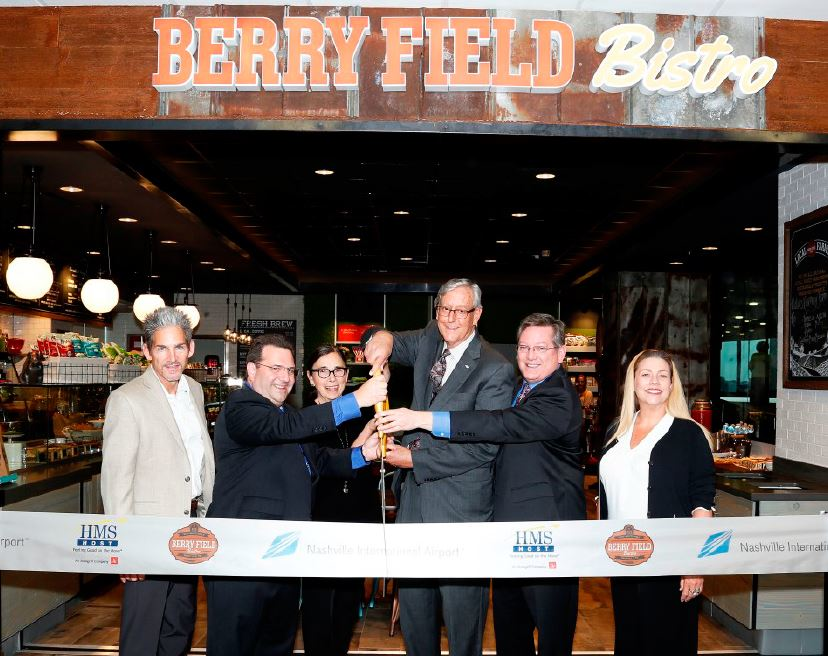 From left to right: Larry jenkins, Vice President of Operations, HMSHost; Jay Greenberg, Senior Director of Operations, HMSHost; Juli H. Mosley, Board Member, Metropolitan Nashville Airport Authority Board of Commissioners; Rob Wigington, President and CEO, Metropolitan Nashville Airport Authority; Kent Vanden Oever, Vice President of Business Development, HMSHost; Rebecca Ramsey, Assistant Director of Properties, Metropolitan Nashville Airport Authority.