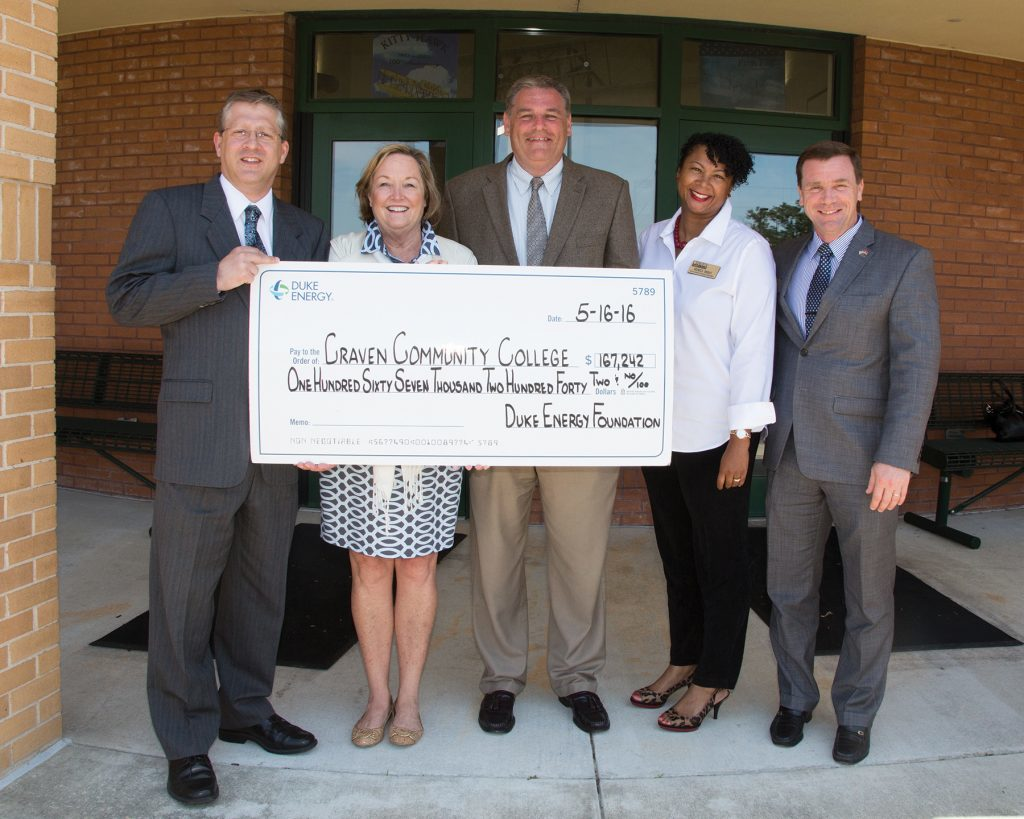 Pictured: (L-R) Dr. Ray Staats, CCC president; Millie Chalk, Duke Energy district manager; Greg Purvis, CCC aviation instructor; Monica Minus, CCC director of grants and strategic partnerships; and Wally Calabrese, dean of learning and operations at CCC Havelock/Cherry Point Campus.