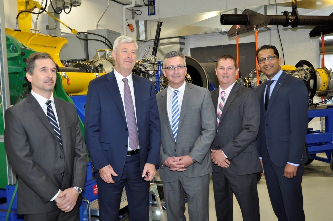From left to right, inside the new test cell, are: Steve Tully, Director Supply Management, Contracts & Real Estate &ndash; Jazz Aviation LP; Declan O&rsquo;Shea, President and CEO of Vector Aerospace; The Honourable J. Heath MacDonald, Minister of Economic Development and Tourism - PEI Government; Jeff Poirier, President of Vector&rsquo;s Engine Services &ndash; Atlantic division; and Satheeshkumar Kumarasingam, Senior VP Commercial Services - Pratt & Whitney Canada.