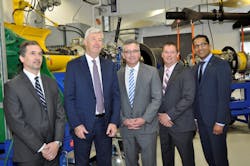 From left to right, inside the new test cell, are: Steve Tully, Director Supply Management, Contracts & Real Estate – Jazz Aviation LP; Declan O’Shea, President and CEO of Vector Aerospace; The Honourable J. Heath MacDonald, Minister of Economic Development and Tourism - PEI Government; Jeff Poirier, President of Vector’s Engine Services – Atlantic division; and Satheeshkumar Kumarasingam, Senior VP Commercial Services - Pratt & Whitney Canada. From left to right, inside the new test cell, are: Steve Tully, Director Supply Management, Contracts & Real Estate – Jazz Aviation LP; Declan O’Shea, President and CEO of Vector Aerospace; The Honourable J. Heath MacDonald, Minister of Economic Development and Tourism - PEI Government; Jeff Poirier, President of Vector’s Engine Services – Atlantic division; and Satheeshkumar Kumarasingam, Senior VP Commercial Services - Pratt & Whitney Canada.