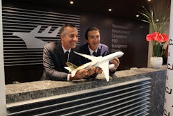 Jet Aviation Group President Rob Smith, left, at EBACE 2016 with Airbus Corporate Jets (ACJ) Managing Director Benoit Defforge