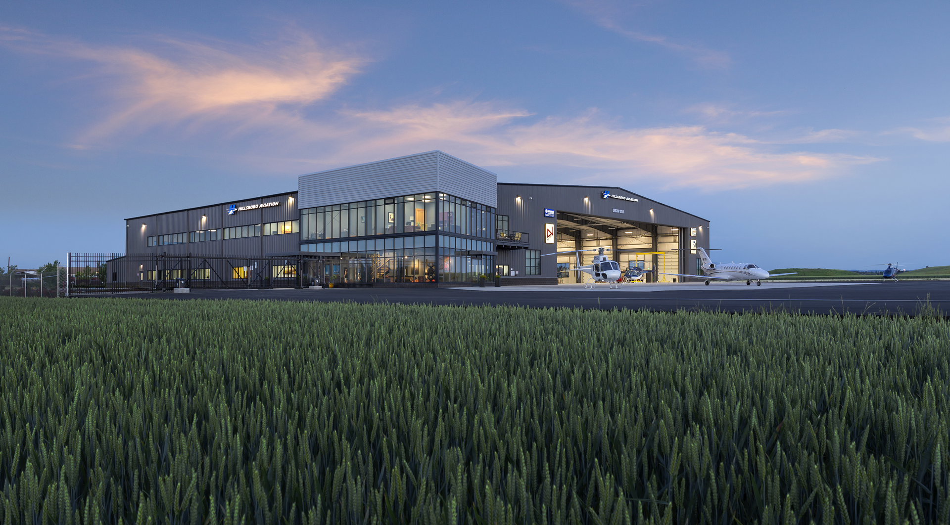 Hillsboro Aviation now boasts a contemporary 51,000 square foot FBO facility with four acres of ramp space to accommodate transient needs along with a 32,000 square foot hangar.