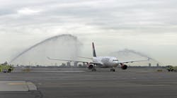 Air Serbia&rsquo;s inaugural service from Belgrade to New York, flight JU 500, is welcomed to JFK International Airport with a water-cannon salute.