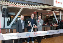 Cutting the ribbon, from left to right, Charles A Gratton, vice president, real estate and commercial services, Aéroports de Montréal; Marc Bolay, co-owner of L’Auberge Saint-Gabriel; Stephen Douglas, vice president of business development at HMSHost. Cutting the ribbon, from left to right, Charles A Gratton, vice president, real estate and commercial services, Aéroports de Montréal; Marc Bolay, co-owner of L’Auberge Saint-Gabriel; Stephen Douglas, vice president of business development at HMSHost.