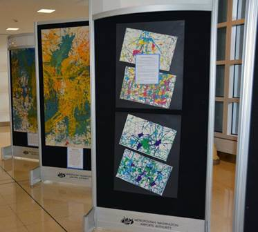 The pieces on display in the baggage claim level of Terminals B and C artistically recreate the four forces of motion that are important for an airplane to take flight: weight, lift, thrust and drag.