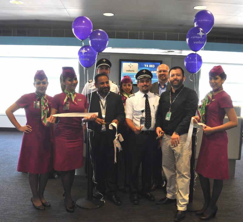 Volaris Airlines flight crew and CDA staff celebrate the airline's new route from Chicago to Monterrey, Mexico.