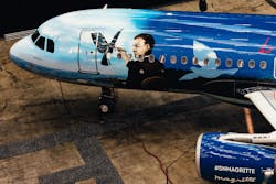 Brussels Airlines is continuing its tradition of painting its aircraft in special color schemes. Collaborating with Mankiewicz, the first aircraft’s theme features René Magritte, the world-famous Belgian surrealist painter. Brussels Airlines is continuing its tradition of painting its aircraft in special color schemes. Collaborating with Mankiewicz, the first aircraft’s theme features René Magritte, the world-famous Belgian surrealist painter.