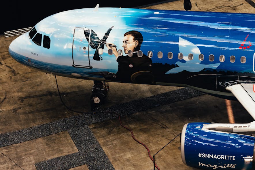 Brussels Airlines is continuing its tradition of painting its aircraft in special color schemes. Collaborating with Mankiewicz, the first aircraft&rsquo;s theme features Ren&eacute; Magritte, the world-famous Belgian surrealist painter.